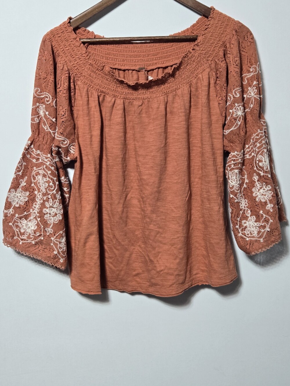 Free People Top Small Orange Off Shoulder Embroidered Boho Peasant Blouse
